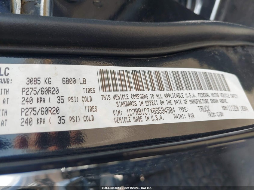 RAM RAM 1500 2011 VIN 1D7RB1CTXBS534584