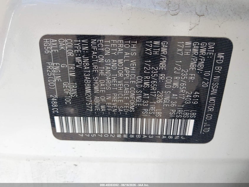 NISSAN ROGUE 2021 VIN JN8AT3AB8MW207577