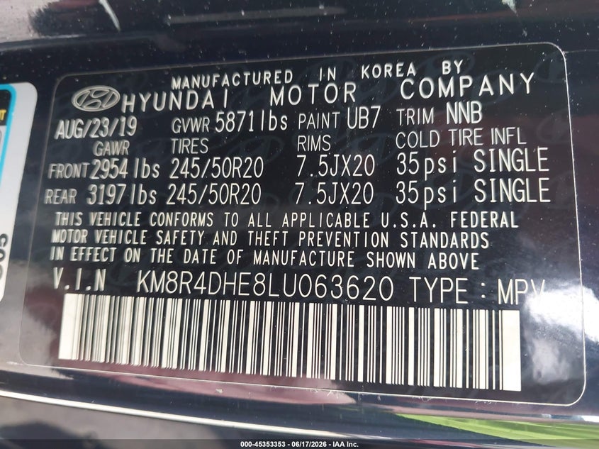 HYUNDAI PALISADE 2020 VIN KM8R4DHE8LU063620