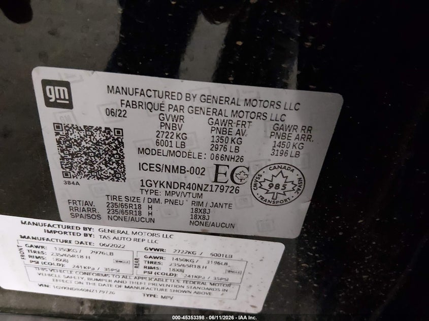 2022 Cadillac Xt5 Premium Luxury VIN: 1GYKNDR40NZ179726 Lot: 45353398
