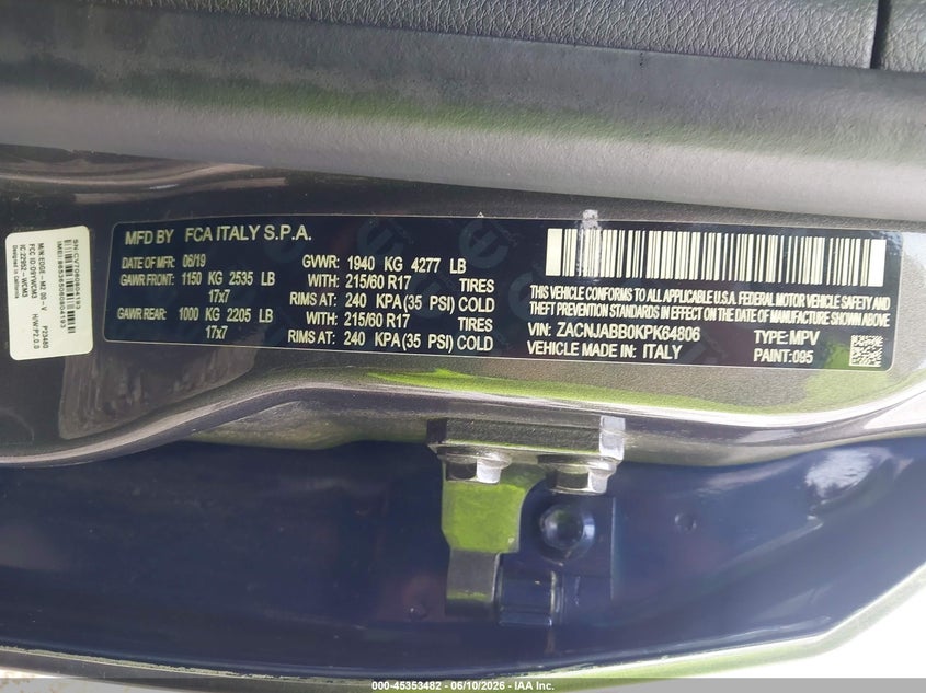 2019 Jeep Renegade Latitude Fwd VIN: ZACNJABB0KPK64806 Lot: 45353482