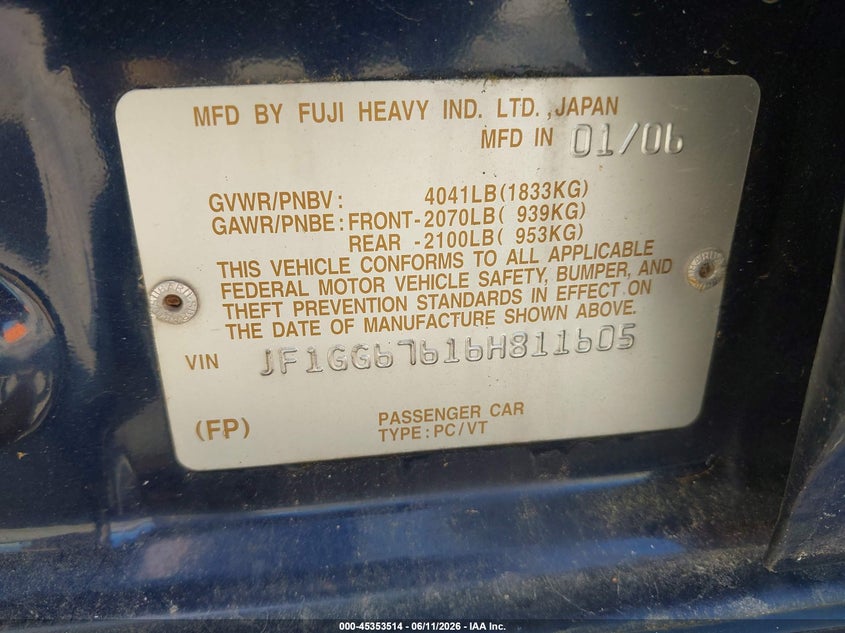 SUBARU IMPREZA 2006 VIN JF1GG67616H811605