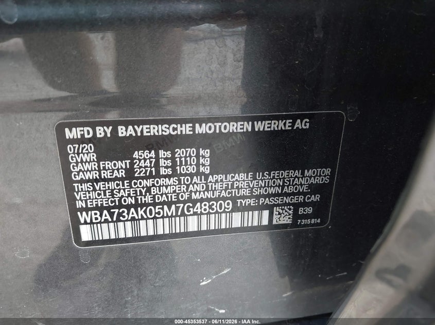 2021 BMW 228I Gran Coupe xDrive VIN: WBA73AK05M7G48309 Lot: 45353537