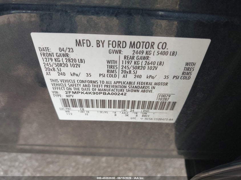 VIN 2FMPK4K90PBA00242 2023 FORD EDGE TITANIUM