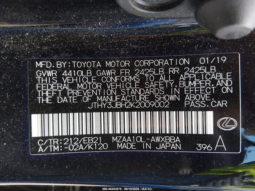 VIN: JTHY3JBH2K2009002 2019 LEXUS UX 200 F SPORT