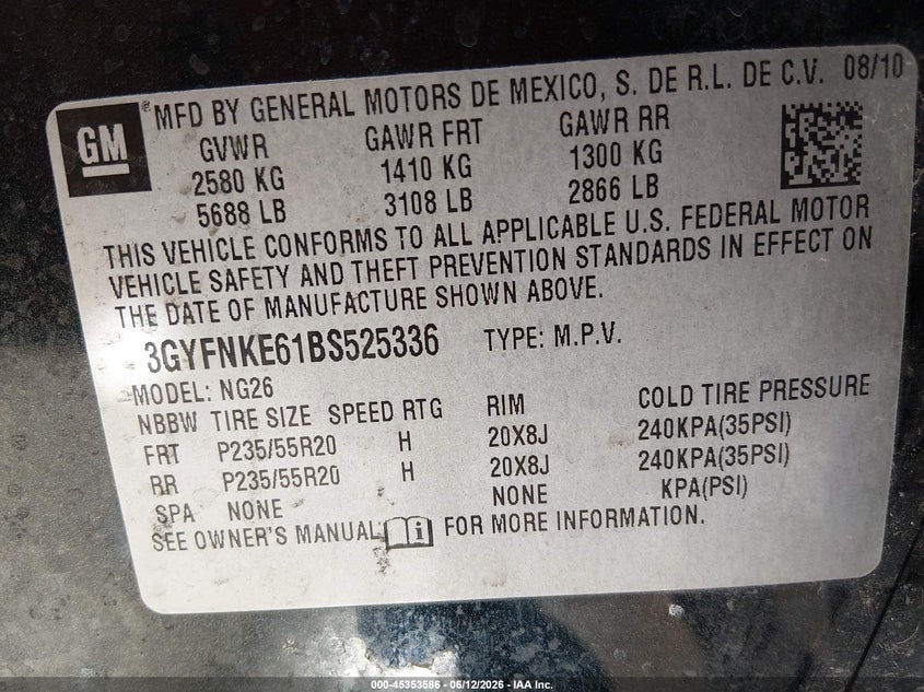 2011 Cadillac Srx Turbo Premium VIN: 3GYFNKE61BS525336 Lot: 45353586