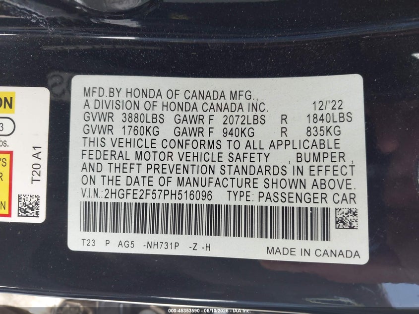 VIN 2HGFE2F57PH516096 2023 HONDA CIVIC SPORT