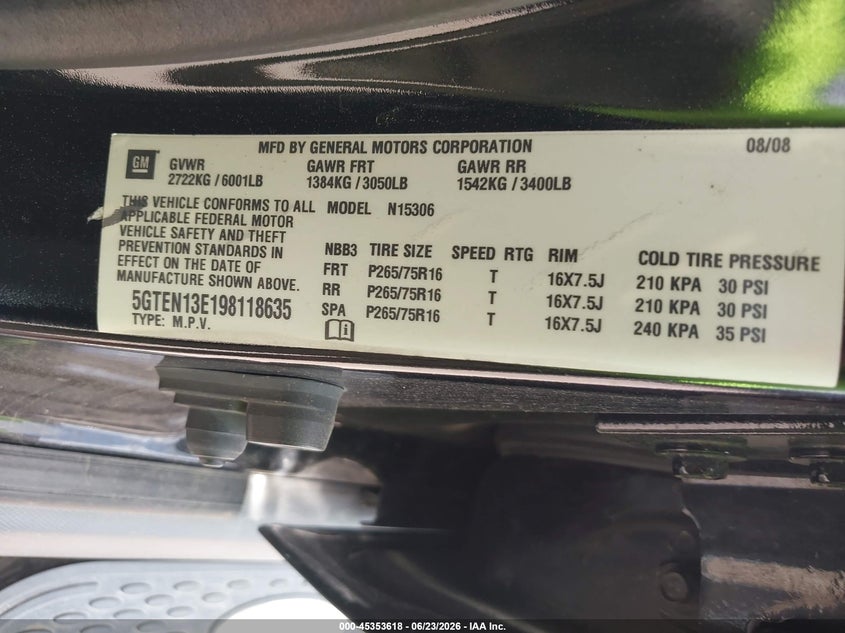 2009 Hummer H3 Suv VIN: 5GTEN13E198118635 Lot: 45353618