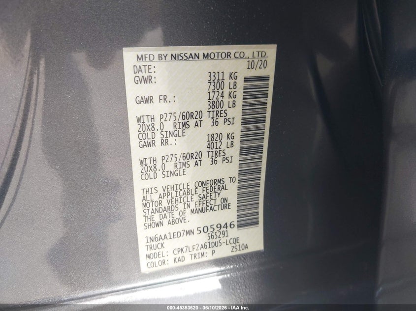 2021 Nissan Titan Platinum Reserve 4X4 VIN: 1N6AA1ED7MN505946 Lot: 45353620