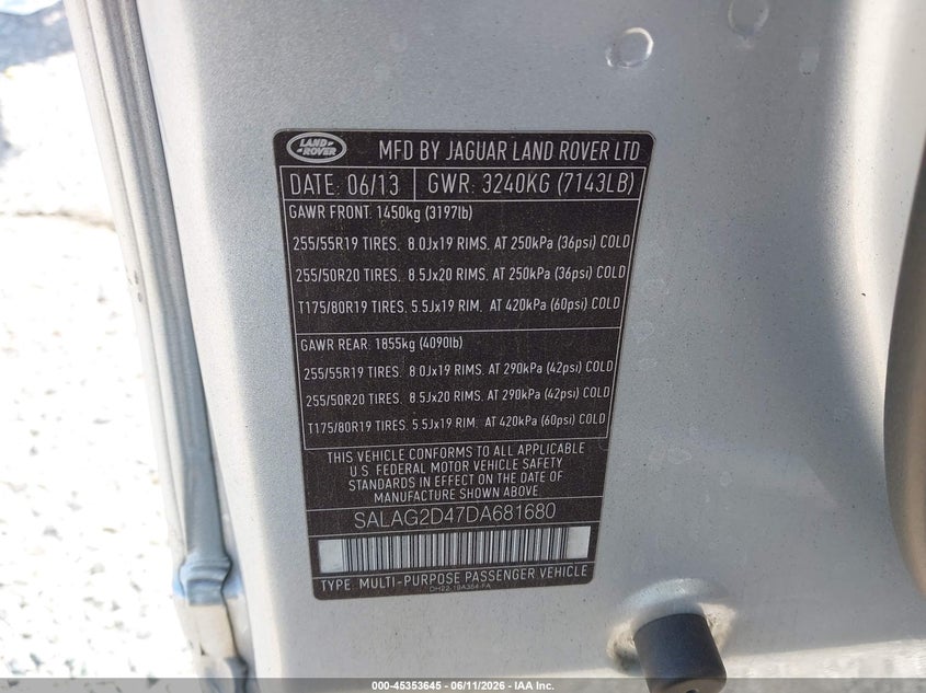 2013 Land Rover Lr4 VIN: SALAG2D47DA681680 Lot: 45353645