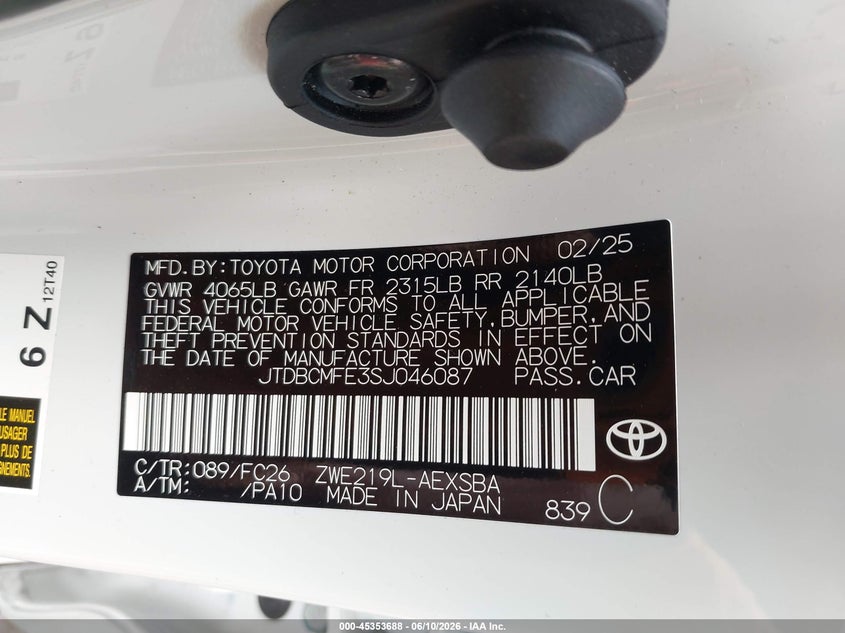 TOYOTA COROLLA 2025 VIN JTDBCMFE3SJ046087