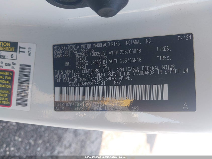 2021 Toyota Highlander L VIN: 5TDCZRAH5MS079101 Lot: 45353802