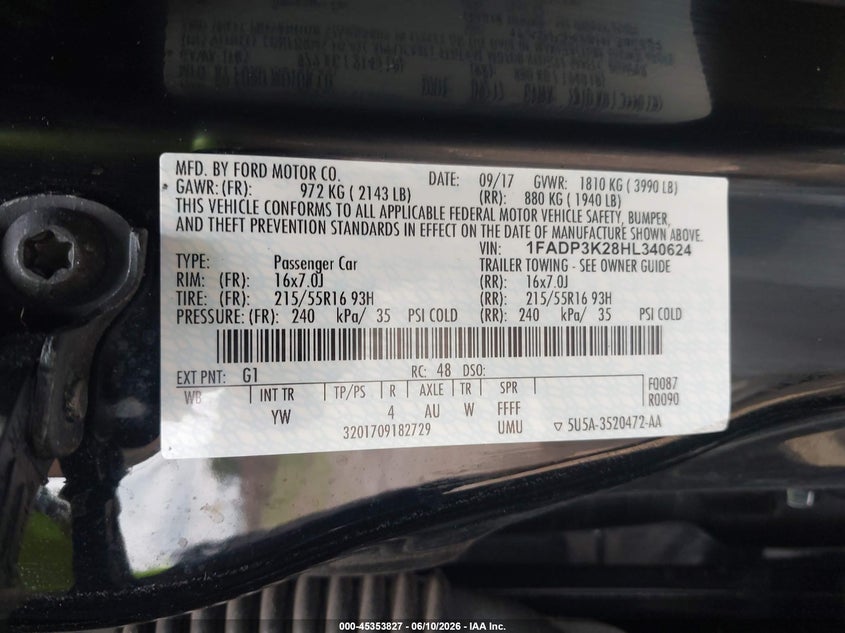 VIN 1FADP3K28HL340624 2017 FORD FOCUS SE