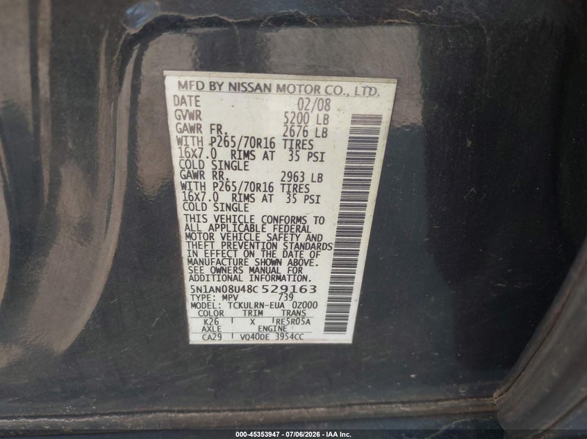 2008 Nissan Xterra S VIN: 5N1AN08U48C529163 Lot: 45353947