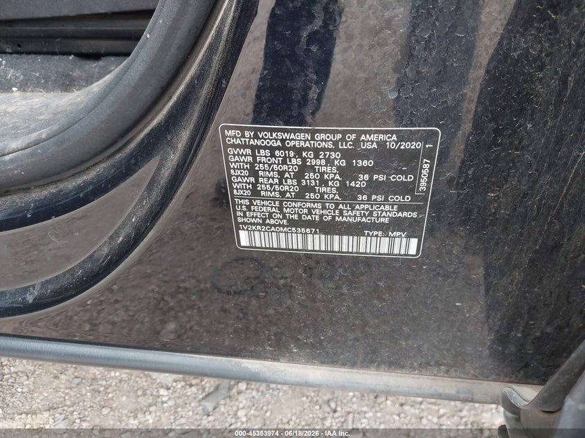 2021 Volkswagen Atlas 3.6L V6 Se W/Technology VIN: 1V2KR2CA0MC535671 Lot: 45353974