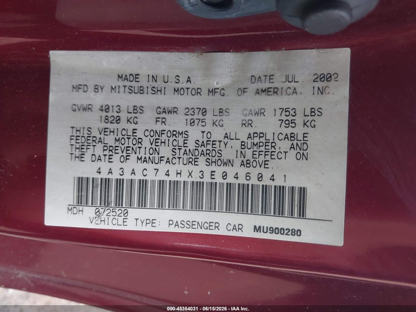 2003 Mitsubishi Eclipse Gts VIN: 4A3AC74HX3E046041 Lot: 45354031