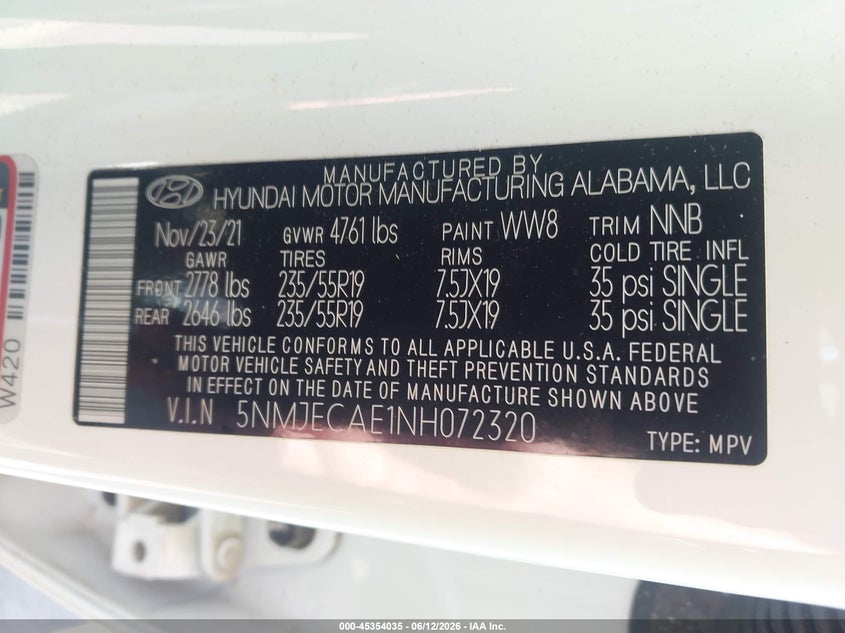 VIN 5NMJECAE1NH072320 2022 HYUNDAI TUCSON LIMITED