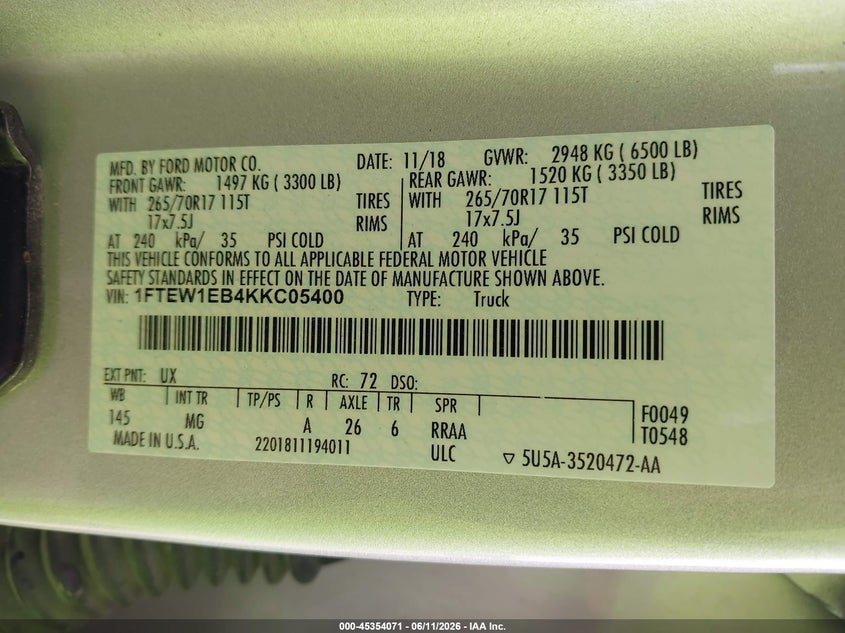 VIN 1FTEW1EB4KKC05400 2019 FORD F-150 XLT