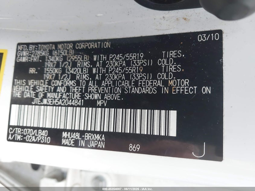 TOYOTA HIGHLANDER HYBRID 2010 VIN JTEJW3EH5A2044841