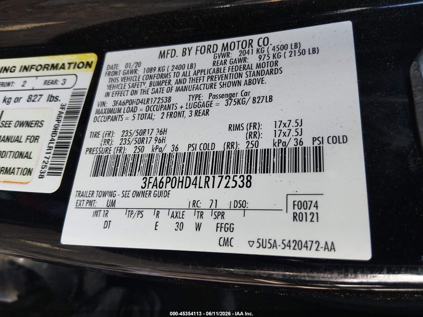 2020 FORD FUSION SEDAN 1.5L I-4 DI, DOHC, VVT, TURBO, 181HP