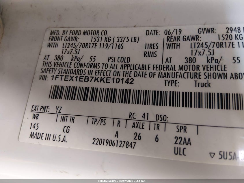 VIN 1FTEX1EB7KKE10142 2019 FORD F-150 XL