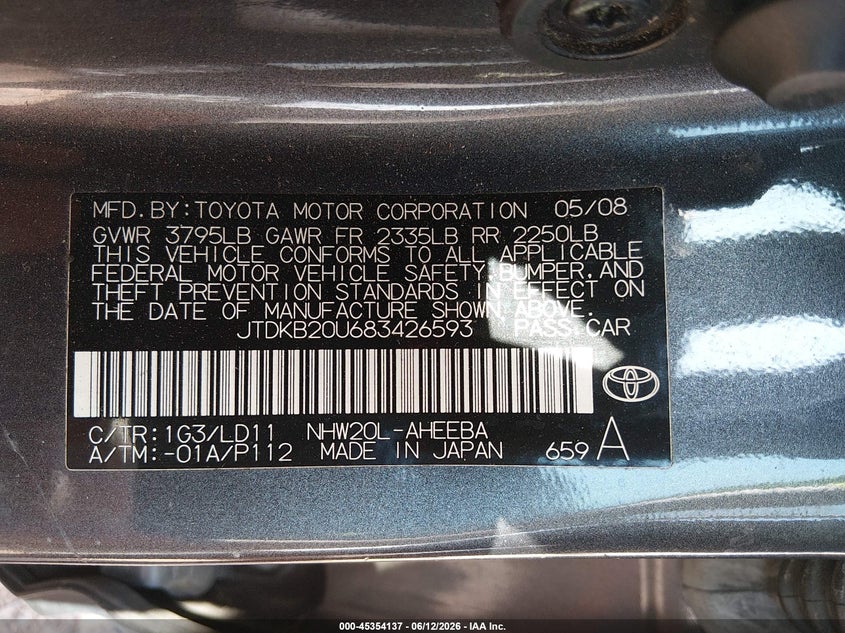2008 Toyota Prius VIN: JTDKB20U683426593 Lot: 45354137