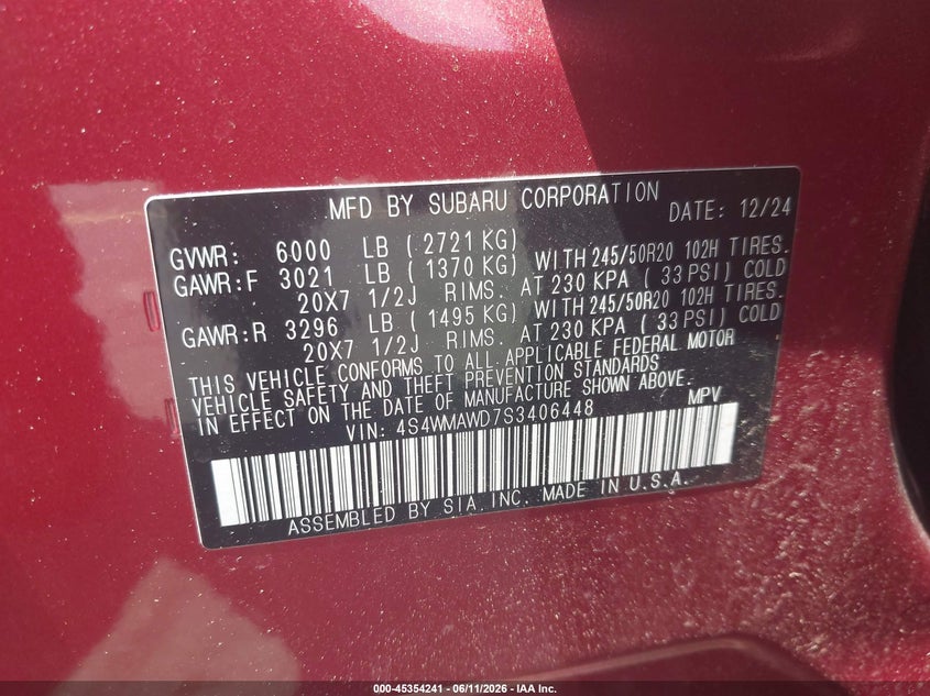 2025 Subaru Ascent Onyx Edition Limited 7-Passenger VIN: 4S4WMAWD7S3406448 Lot: 45354241