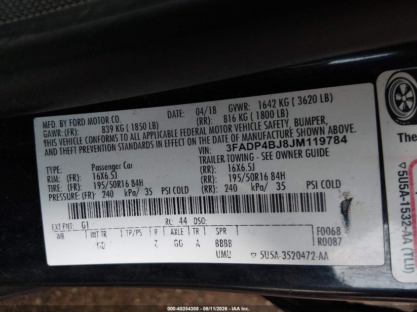 2018 Ford Fiesta Se VIN: 3FADP4BJ8JM119784 Lot: 45354308
