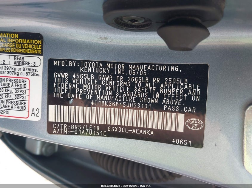 2005 Toyota Avalon Xl VIN: 4T1BK36B45U053101 Lot: 45354323