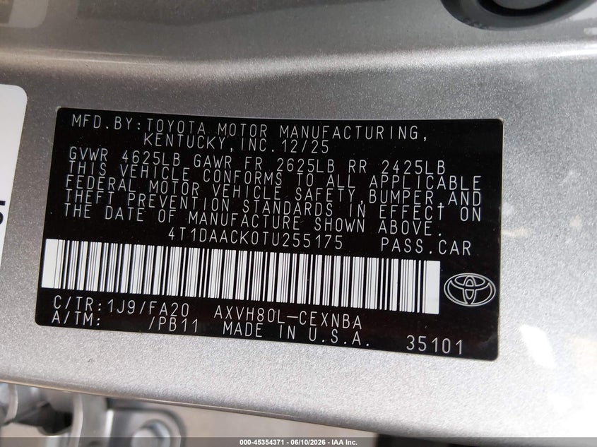 2026 TOYOTA CAMRY 2.5L I-4 DI, DOHC, V(VIN: 4T1DAACK0TU255175