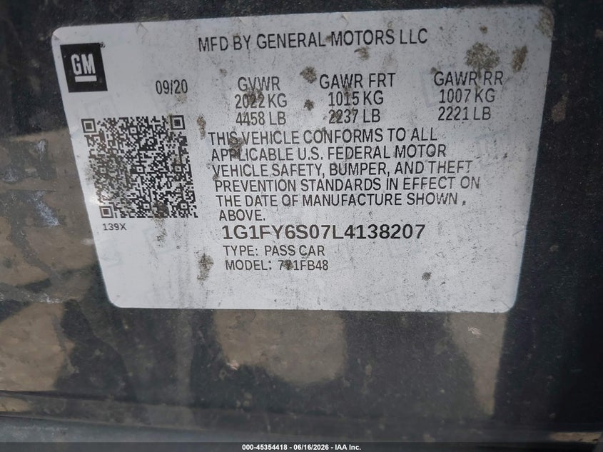 2020 Chevrolet Bolt Ev Fwd Lt VIN: 1G1FY6S07L4138207 Lot: 45354418