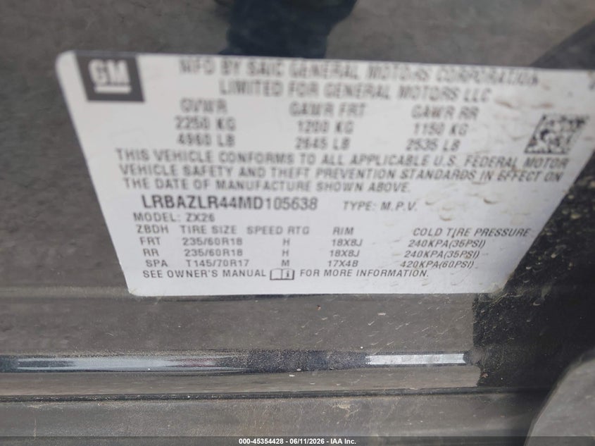 2021 Buick Envision Fwd Preferred VIN: LRBAZLR44MD105638 Lot: 45354428