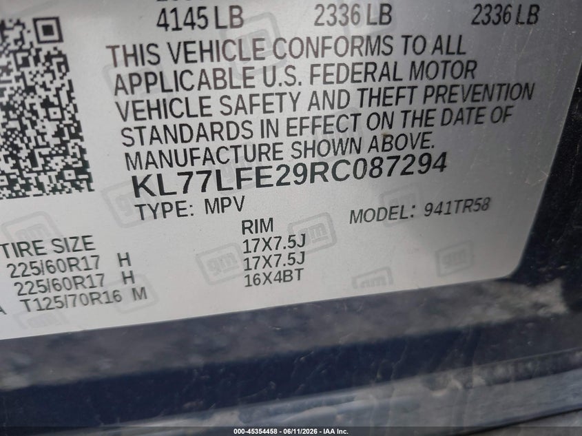 2024 Chevrolet Trax Fwd Sp VIN: KL77LFE29RC087294 Lot: 45354458