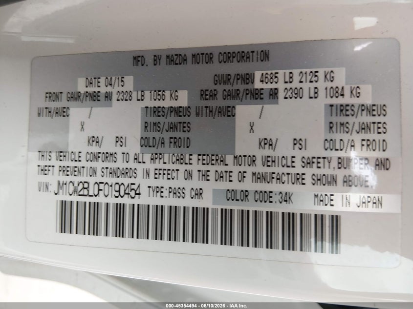 2015 Mazda Mazda5 Sport VIN: JM1CW2BL0F0190454 Lot: 45354494
