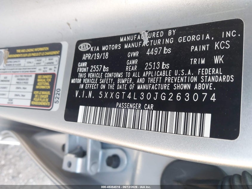 2018 KIA OPTIMA SEDAN 2.4L I-4 DI, DOHC, VVT, 185HP
