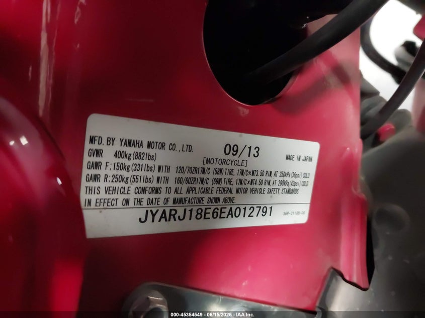 2014 Yamaha Fz6 R VIN: JYARJ18E6EA012791 Lot: 45354549