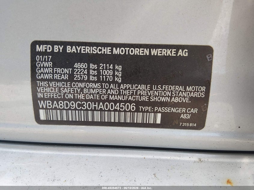 2017 BMW 330I xDrive VIN: WBA8D9C30HA004506 Lot: 45354573