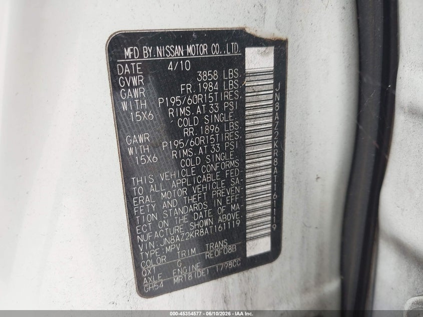 2010 Nissan Cube 1.8S VIN: JN8AZ2KR8AT161119 Lot: 45354577