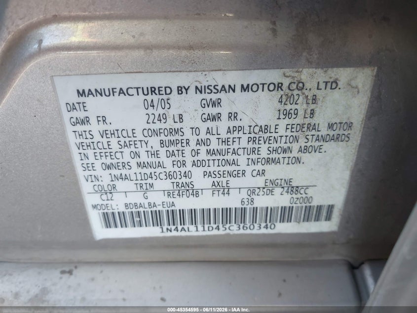 2005 NISSAN ALTIMA SEDAN 2.5L I-4 DOHC, VVT, 175HP