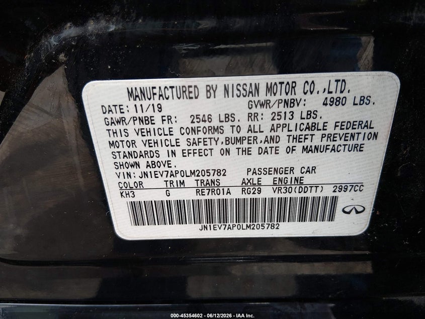 2020 Infiniti Q50 Luxe VIN: JN1EV7AP0LM205782 Lot: 45354602