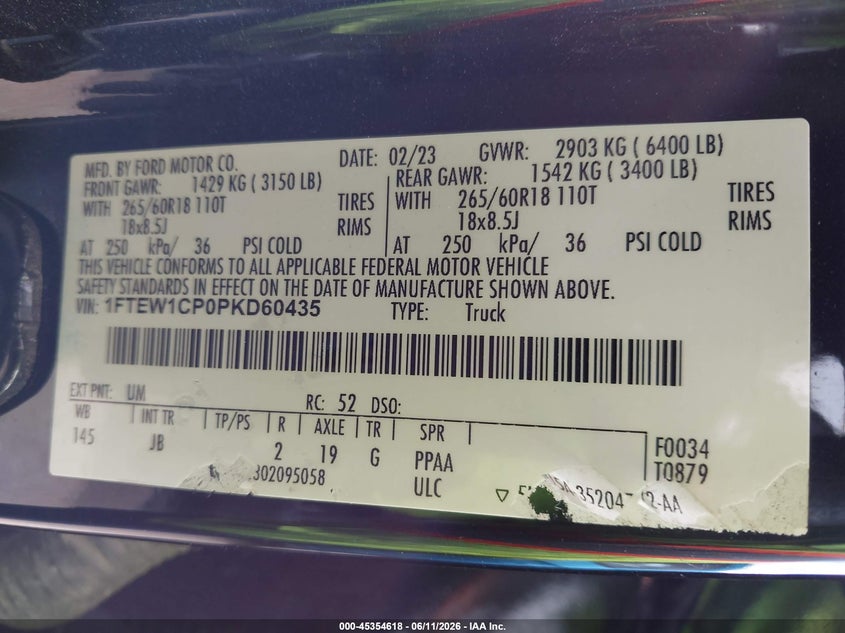 VIN 1FTEW1CP0PKD60435 2023 FORD F-150 XL