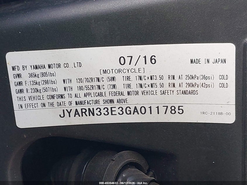 2016 Yamaha Fz09 VIN: JYARN33E3GA011785 Lot: 45354633