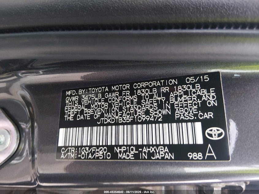 2015 Toyota Prius C One VIN: JTDKDTB35F1099472 Lot: 45354640