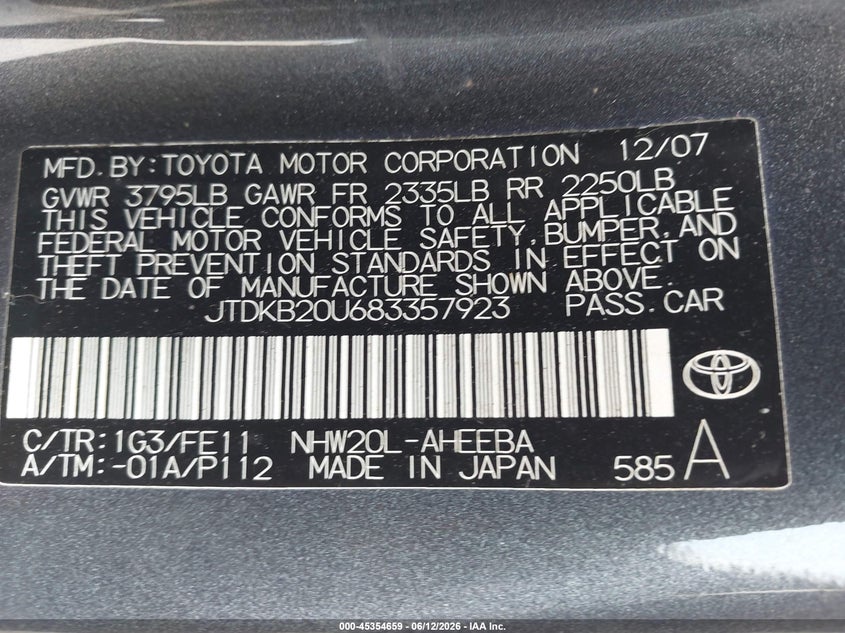 2008 Toyota Prius VIN: JTDKB20U683357923 Lot: 45354659