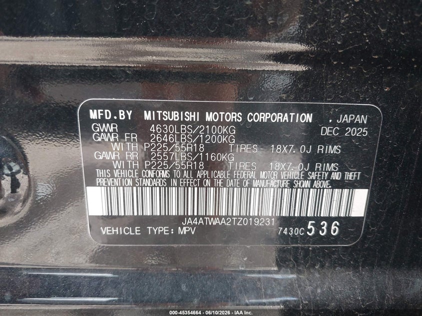 2026 Mitsubishi Eclipse Cross Black Edition S-Awc/Se S-Awc/Sel S-Awc VIN: JA4ATWAA2TZ019231 Lot: 45354664