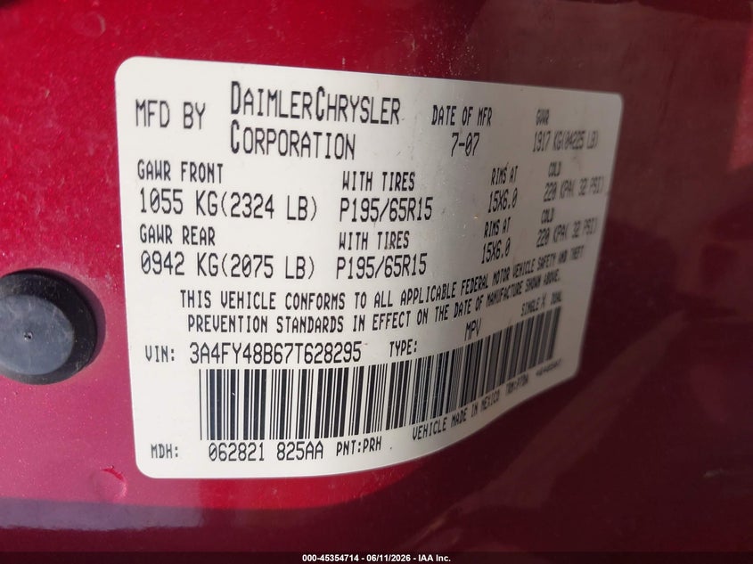 2007 Chrysler Pt Cruiser VIN: 3A4FY48B67T628295 Lot: 45354714