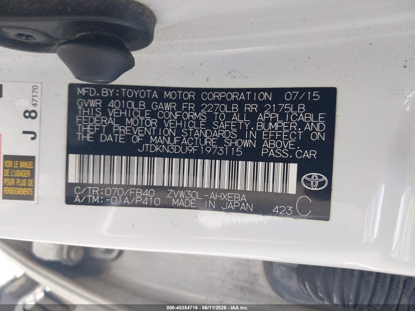 2015 TOYOTA PRIUS HATCHBACK 1.8L I-4 DOHC, VVT, 98HP