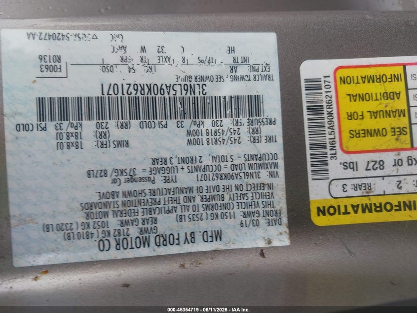 2019 Lincoln Mkz Standard VIN: 3LN6L5A90KR621071 Lot: 45354719