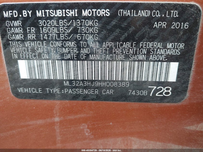 2017 Mitsubishi Mirage Es VIN: ML32A3HJ9HH008389 Lot: 45354729