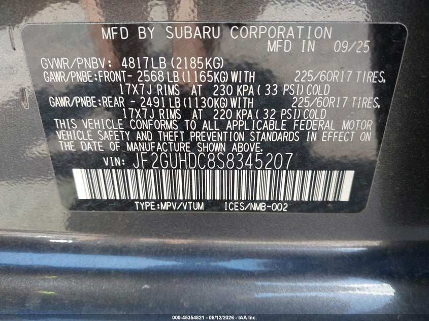 2025 Subaru Crosstrek Premium VIN: JF2GUHDC8S8345207 Lot: 45354821